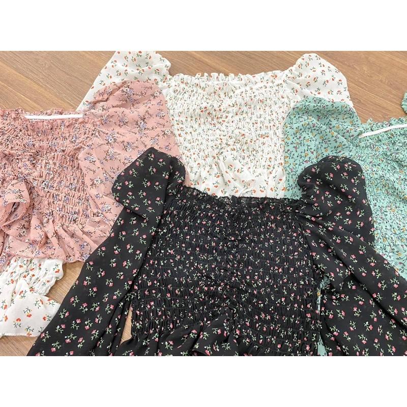 Áo Croptop Cổ Vuông Trễ Vai Hoa Nhí Tay Dài Dây Rút Quảng Châu