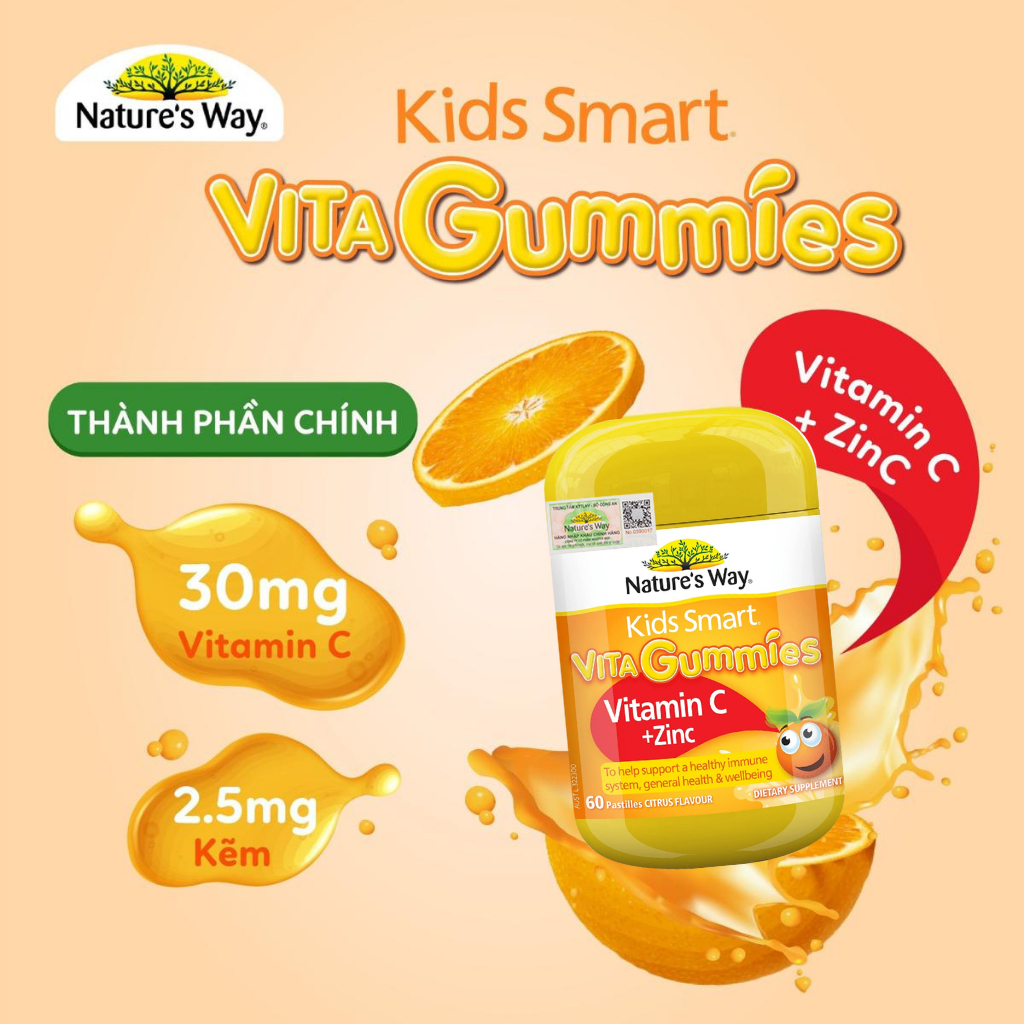 Kẹo Dẻo Kids Smart Vita Gummies Vitamin C + ZinC - Bổ Sung Kẽm &amp; Vitamin C, Hỗ Trợ Tăng Đề Kháng (Chai 60 Viên)