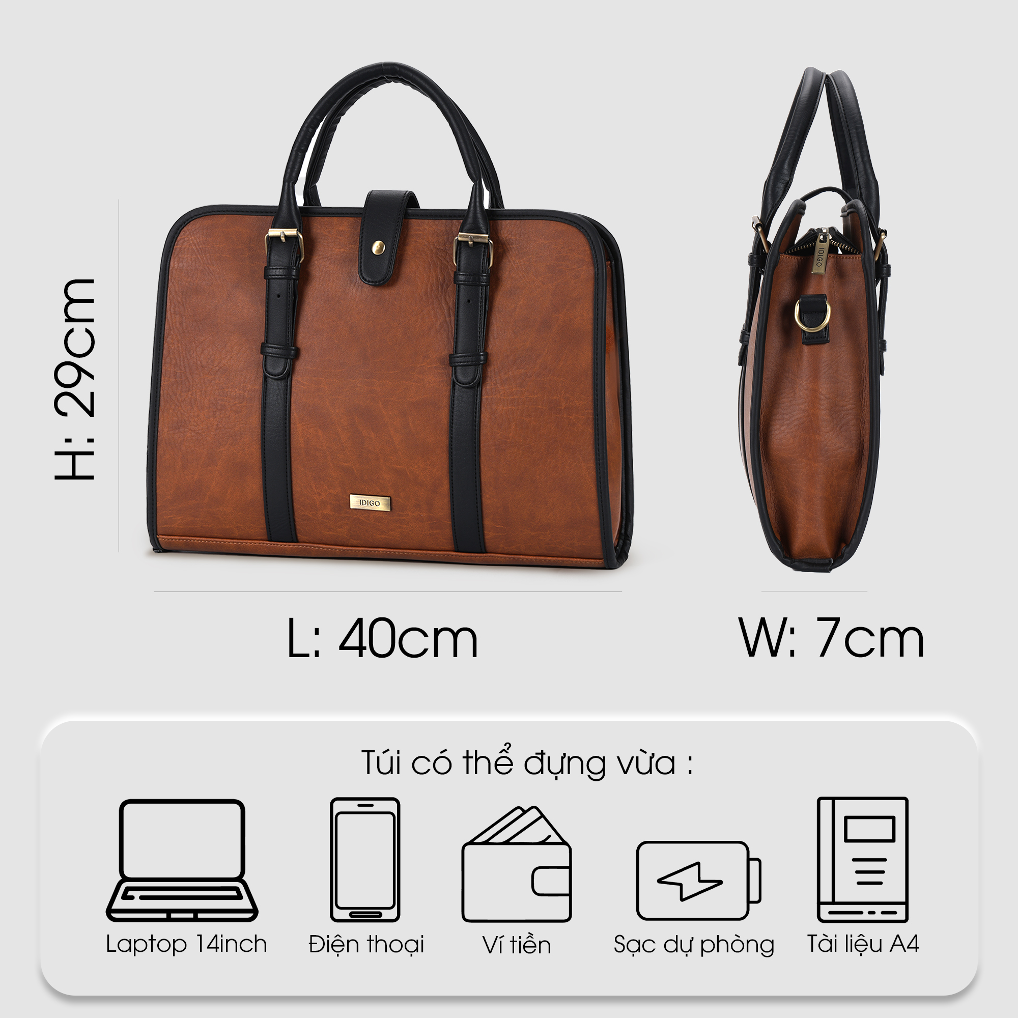 Túi đựng laptop 14 inch đeo vai, túi xách công sở nam nữ ngăn rộng đựng tài liệu A4 IDIGO UB2 - 6030