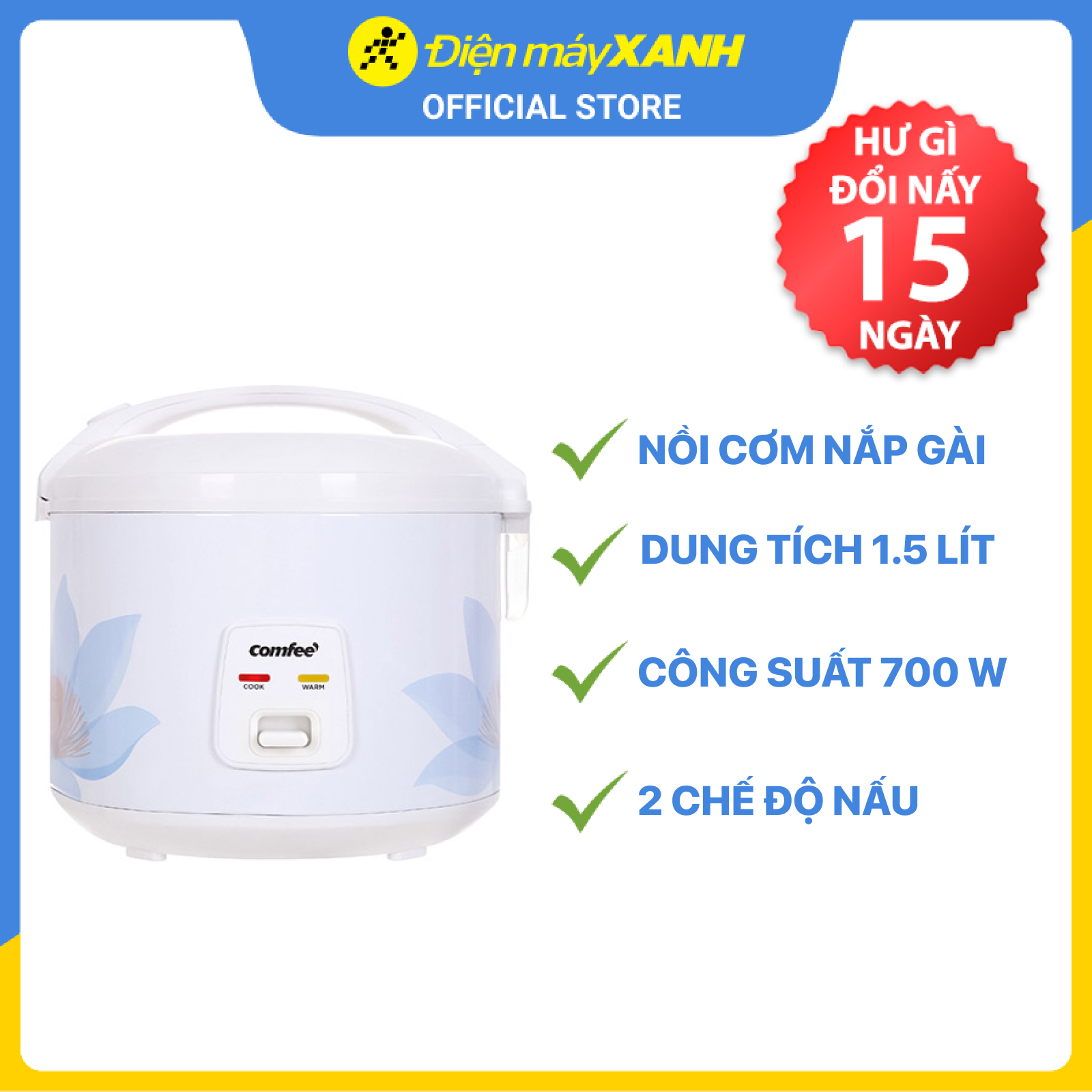 Nồi Cơm Điện Nắp Gài Comfee 1.5 Lít CR-CM1520(D) - Hàng Chính Hãng