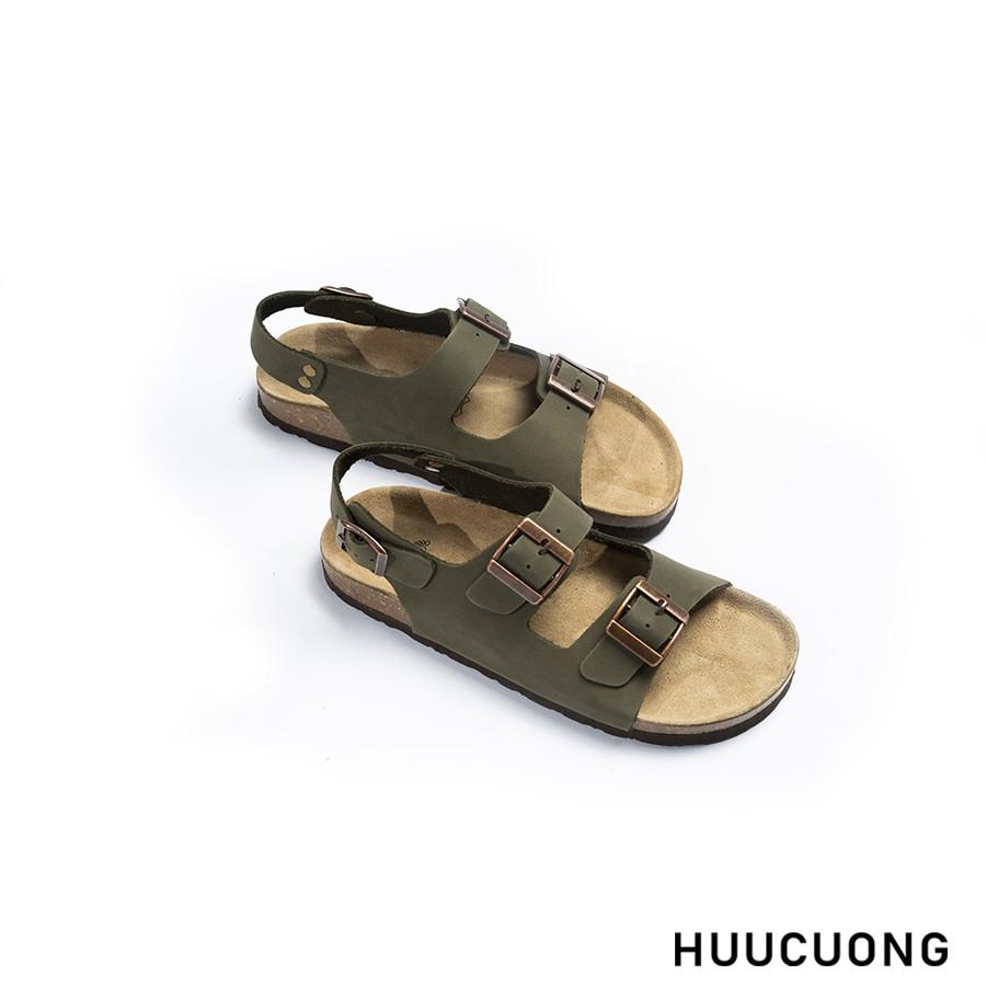 Sandal Unisex Huucuong 2 khóa da bò rêu đế trấu handmade