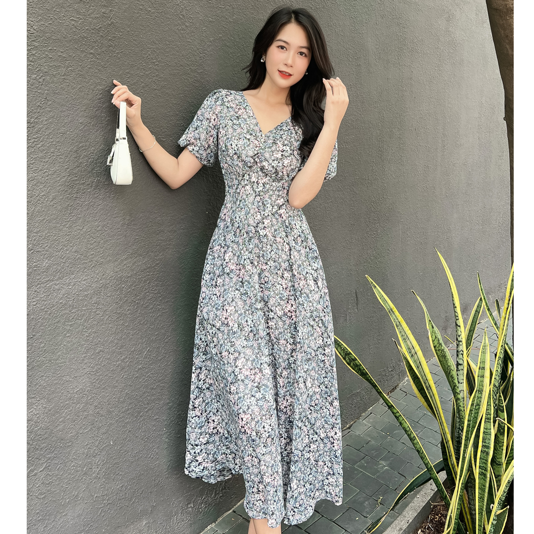 Đầm maxi hoa phối thun eo dễ thương D072-Lady Fashion - Khánh Linh Style
