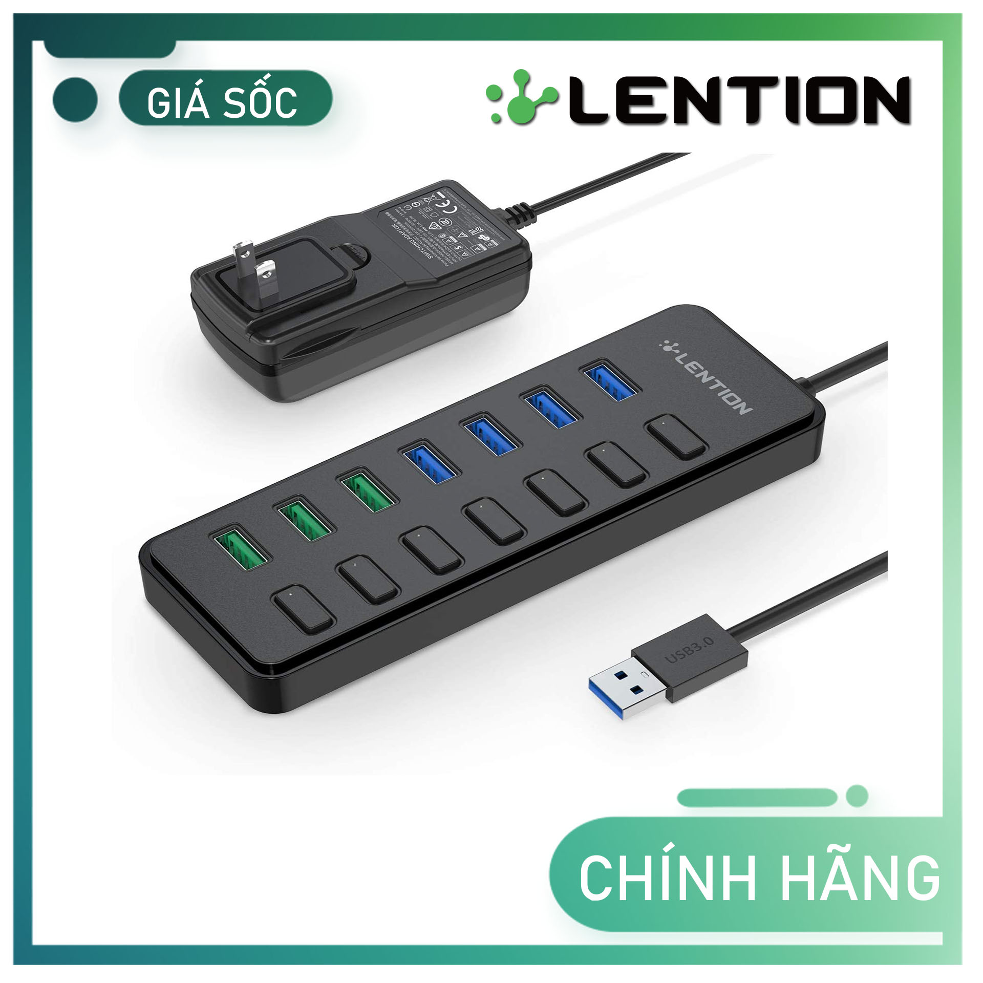 Bộ chia 7 cổng USB A 3.0 Lention H92 Hàng Chính Hãng