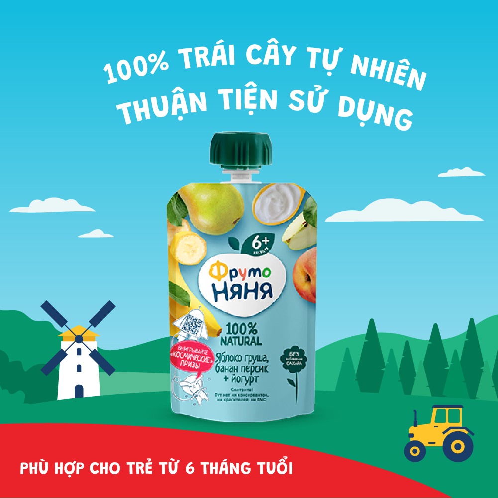 Thùng 12 Gói Trái cây nghiền vị táo, lê, chuối, đào cùng sữa chua Fruto Nyanya 90g