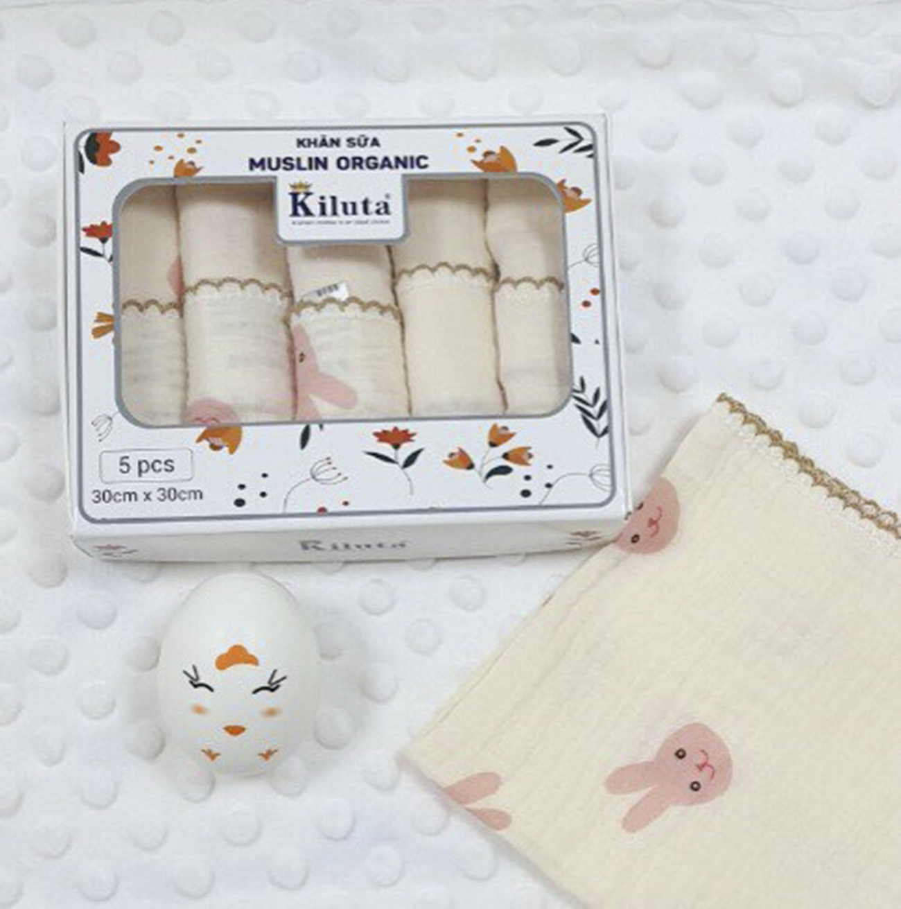 Hộp 5 khăn sữa cho bé 2 lớp chất vải Muslin Organic cao cấp, mềm mịn, thấm hút tốt KT 30x30cm