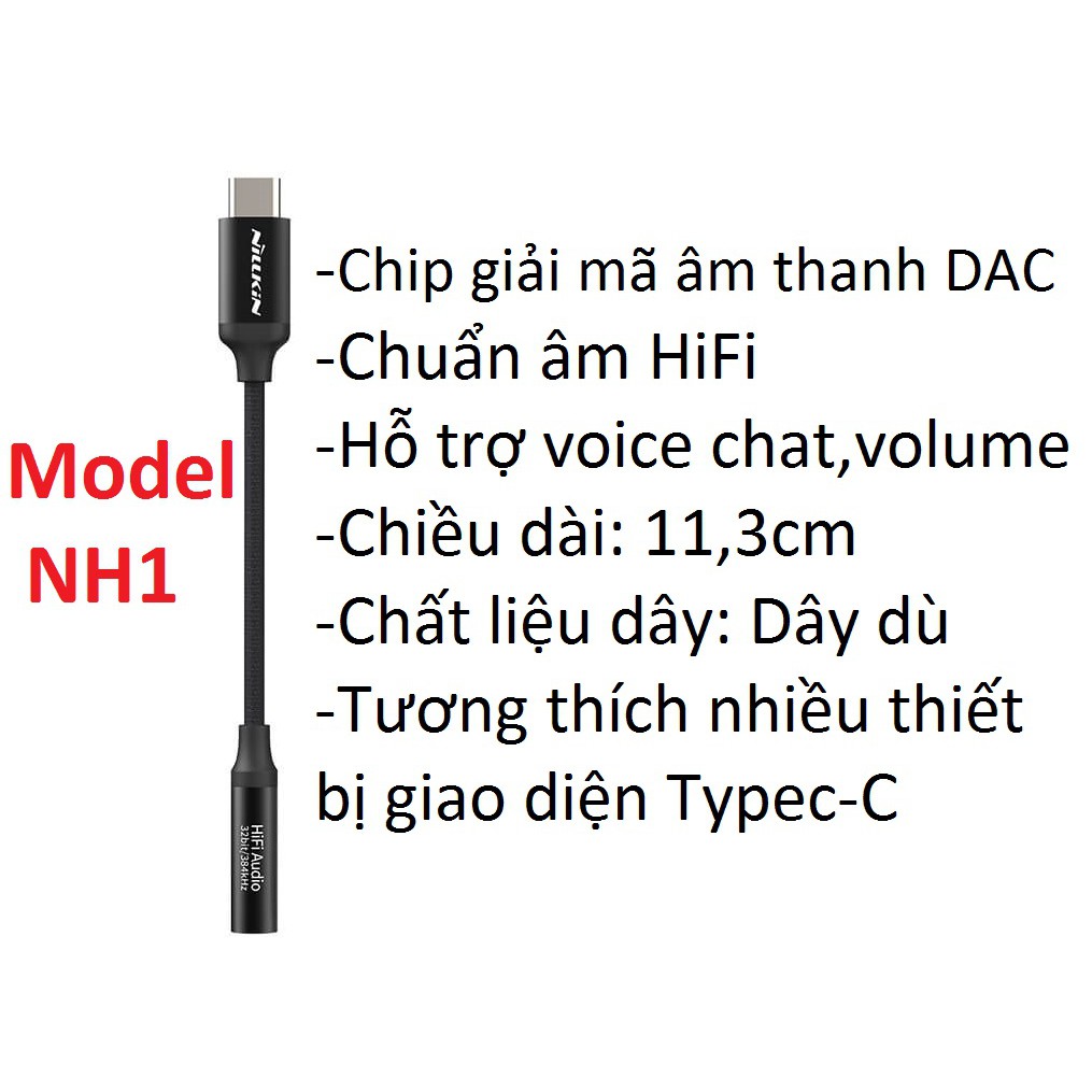 [ Type-C ra 3.5mm ] Cáp chuyển Type-C Male ra 3.5 female có chip giải mã âm thanh DAC Nillkin NH1 - Hàng chính hãng