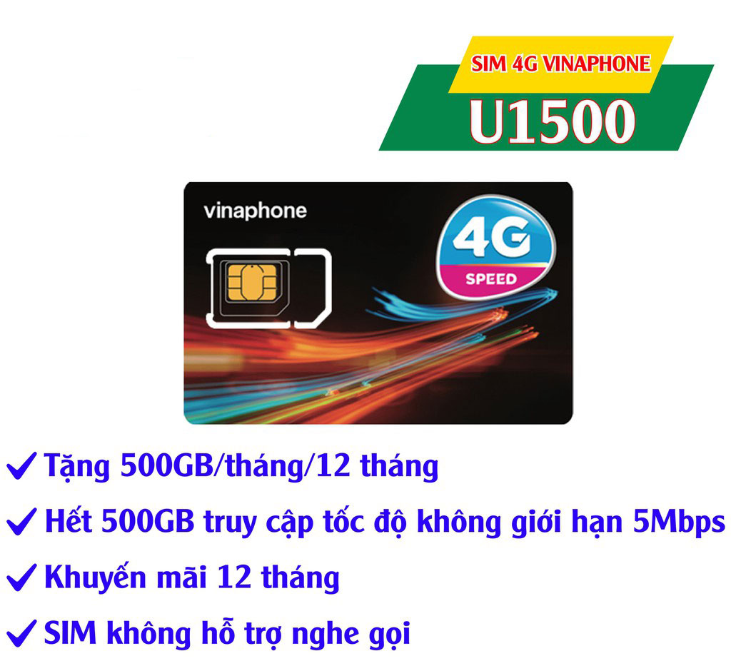 SIM 4G VINAPHONE 500GBTHÁNG – U1500 KHÔNG GIỚI HẠN DATA  CÓ 500Gbtháng tốc độ 4G, hết vẫn tiếp tục dùng KHÔNG GIỚI HẠN DUNG LƯỢNG với tốc độ cao 5Mbps – Hàng chính hãng – U1500 trọn gói 12 tháng – màu ngẫu nhiên