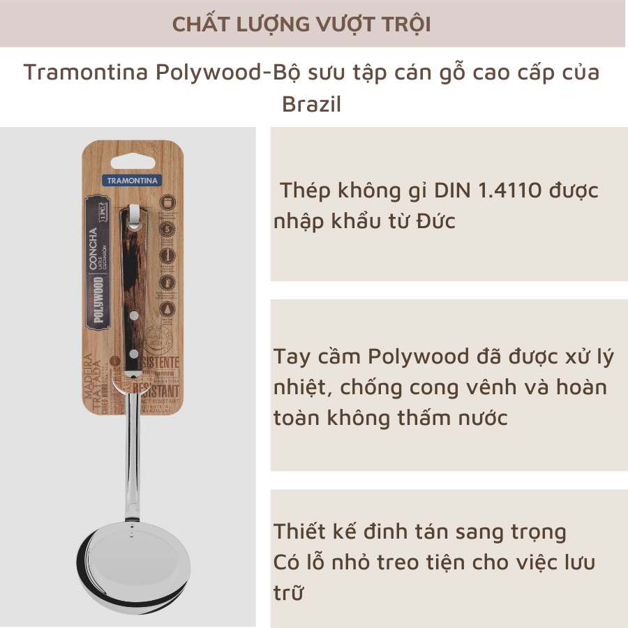 Muỗng Canh Lớn Tramontina Cán Gỗ Polywood 31cm Thép Không Gỉ Nhập Khẩu Brazil