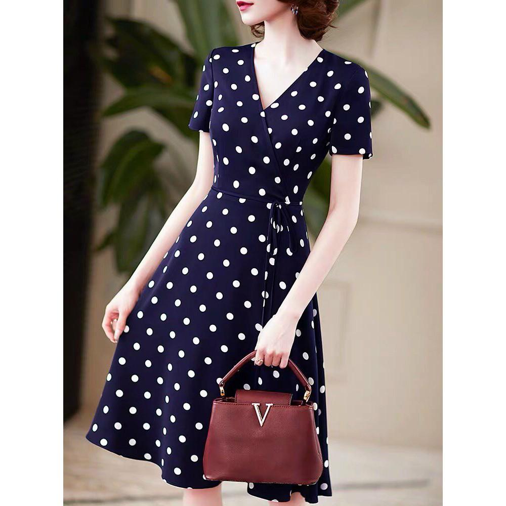 Đầm Chấm Bi Xòe Cổ V, đầm xòe, đầm xòe họa tiết, đầm xinh, đầm đẹp
