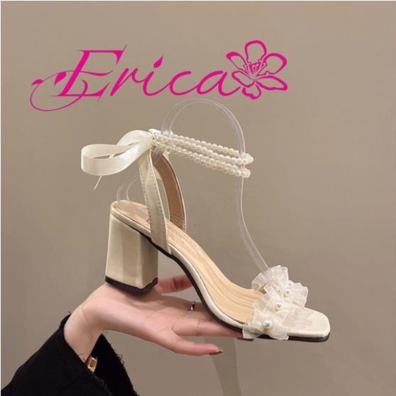 Hot 2023 Giày sandal cao gót 7 phân ERICA đế vuông quai ngọc thắt nơ sau tiểu thư sang chảnh cuốn hút HH54