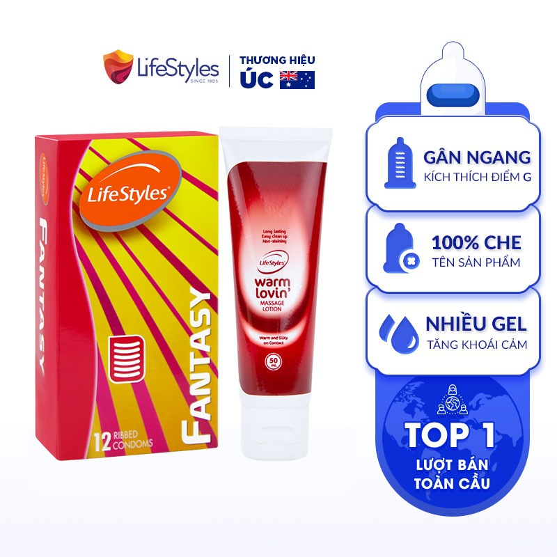Combo Bao Cao Su LifeStyles Fantasy Có Gân Ngang Ôm Sát Cao Cấp Hộp 12 bao + Gel Bôi Trơn LifeStyles Warm Lovin' 50ml