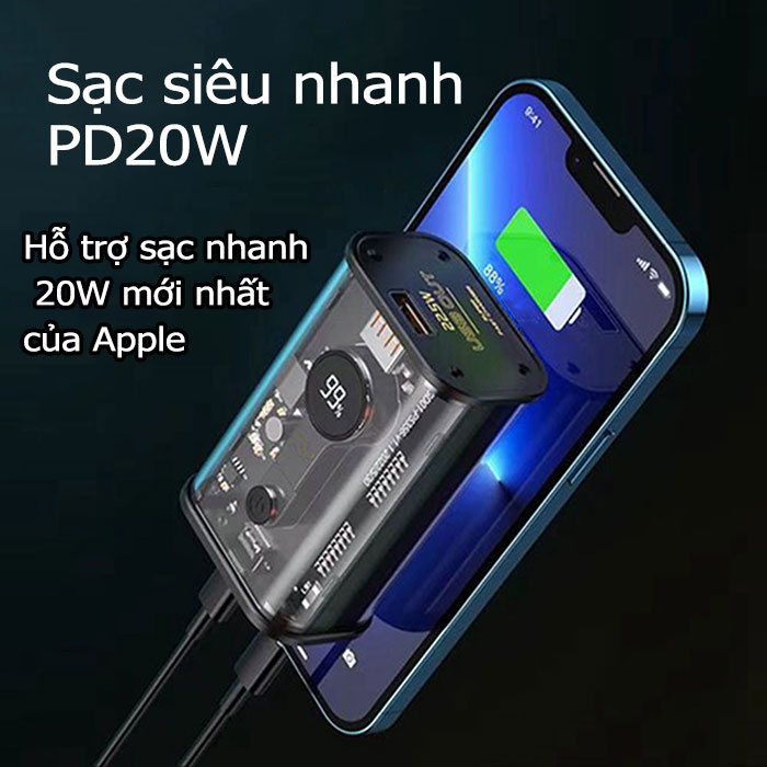 Pin dự phòng trong suốt DUDAO 10000mah, sạc nhanh Type C 20W,USB 22,5W- K16 kiểu dáng nhỏ gọn cho người dùng mang theo mọi nơi