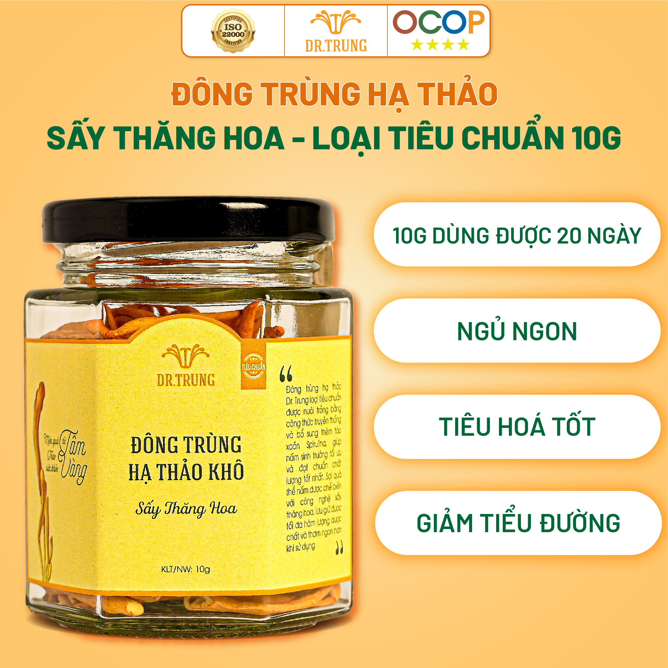 Đông trùng hạ thảo DR. TRUNG (Sợi Khô - Sấy thăng hoa) Hũ 10 Gram - Loại TIÊU CHUẨN - (Cordycepin & Adenosine cao giúp tăng đề kháng mạnh, ngủ ngon, giảm mệt mỏi)