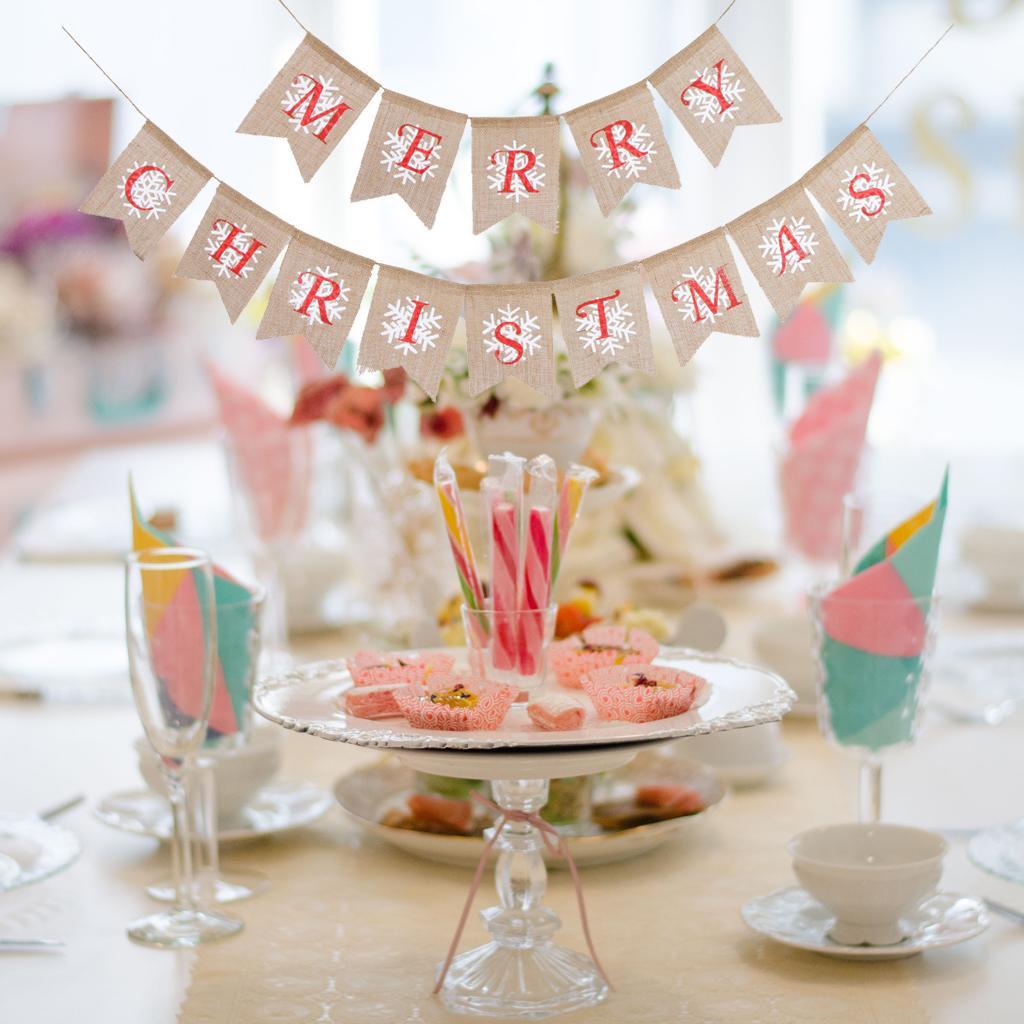 Merry Christmas Snowflake Burlap Bunting Banner Hanging Garland Xmas Decor