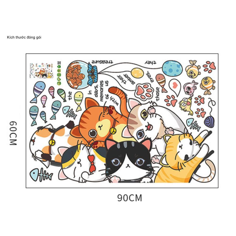 Decal dán tường trang trí - 6 CHÚ MÈO TINH NGHỊCH ĐÁNG YÊU