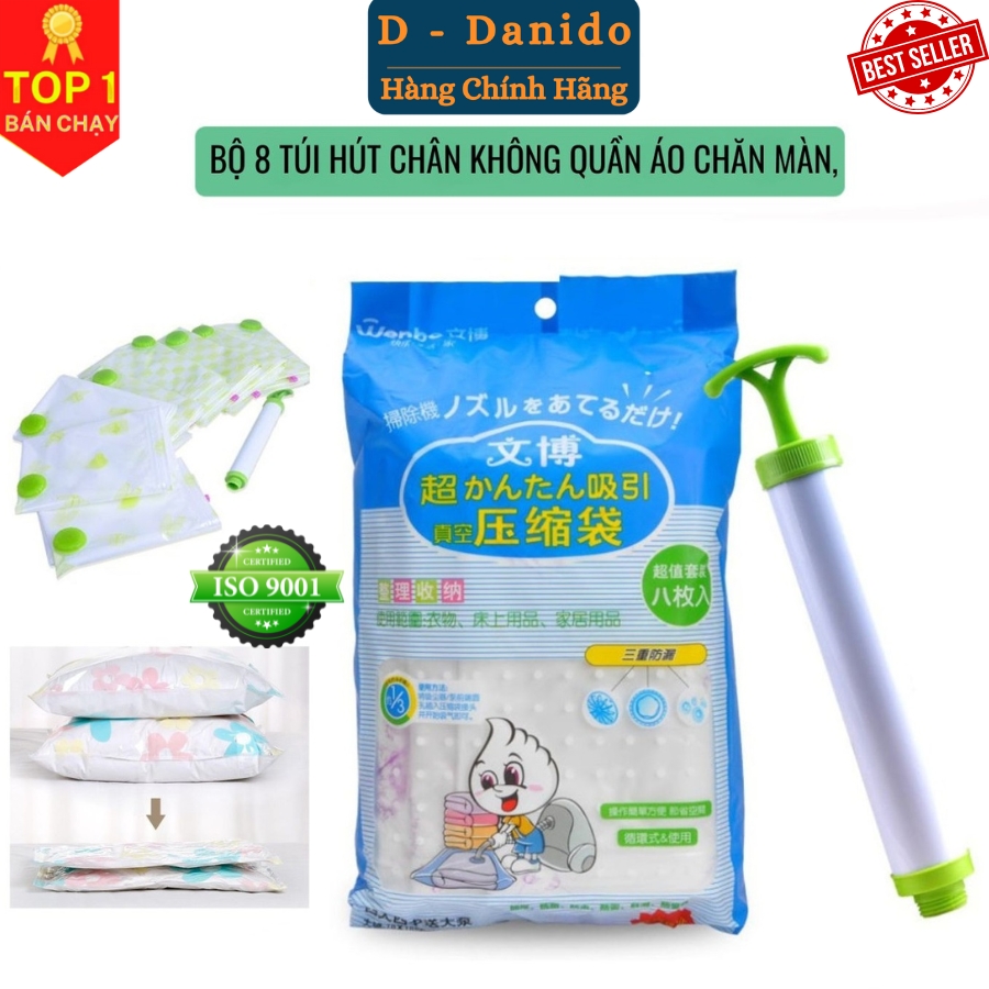 [Tặng kèm bơm tay] Bộ 8 túi hút chân không đựng chăn màn quần áo cao cấp D Danido - Set 8 túi hút chân không bằng nhựa dẻo dai có tặng kèm bơm tay