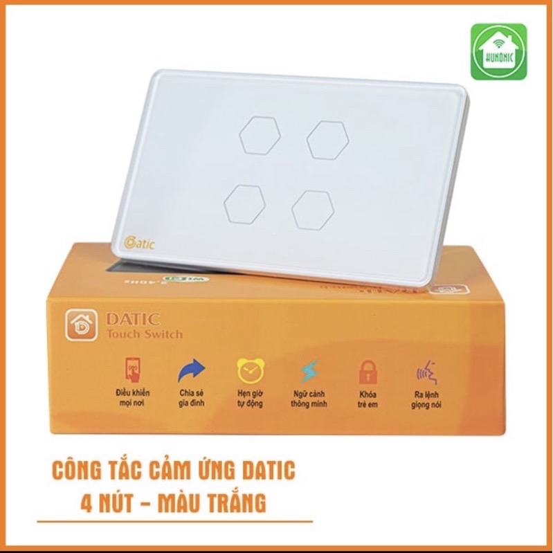 Công tắc thông minh HUNONIC DATIC 4 nút màu trắng - Điều khiển từ xa bằng điện thoại-Hàng Chính Hãng