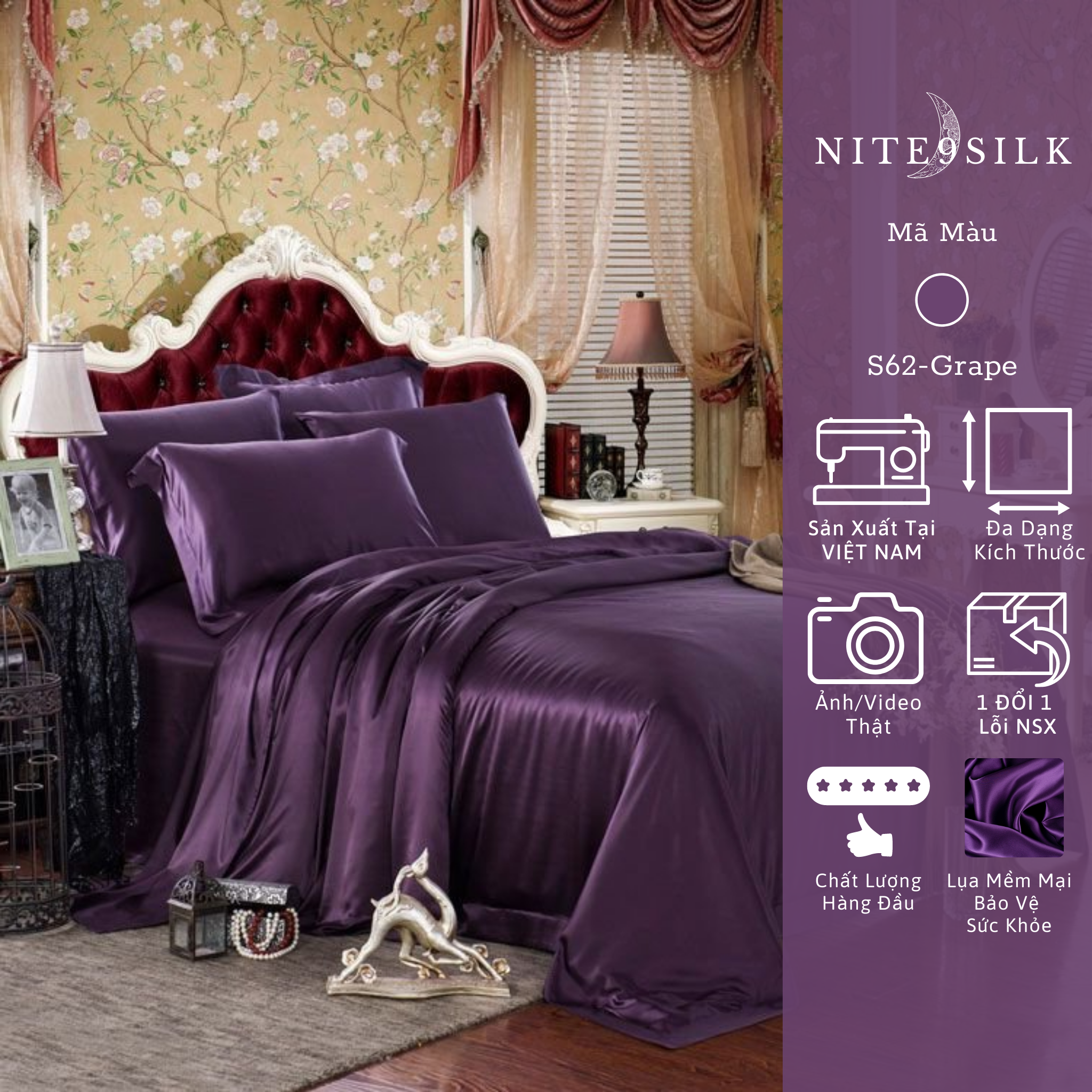 Bộ Chăn Ga Gối Lụa Mềm Mại - Chăn Ga Giường - Lụa Tím Sang Trọng Đẳng Cấp - Nite 9 Silk