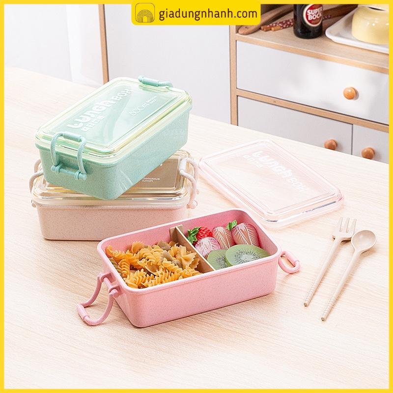 Hộp Cơm Giữ Nhiệt, Hộp Cơm LÚA MẠCH 2 Ngăn Tặng Kèm Nĩa Muỗng Cao Cấp