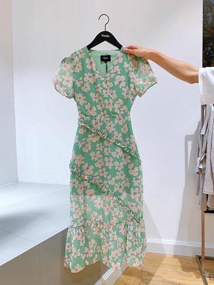 Đầm xòe hoa lai bèo ngực đắp chéo dáng dài siêu xinh - VN352101