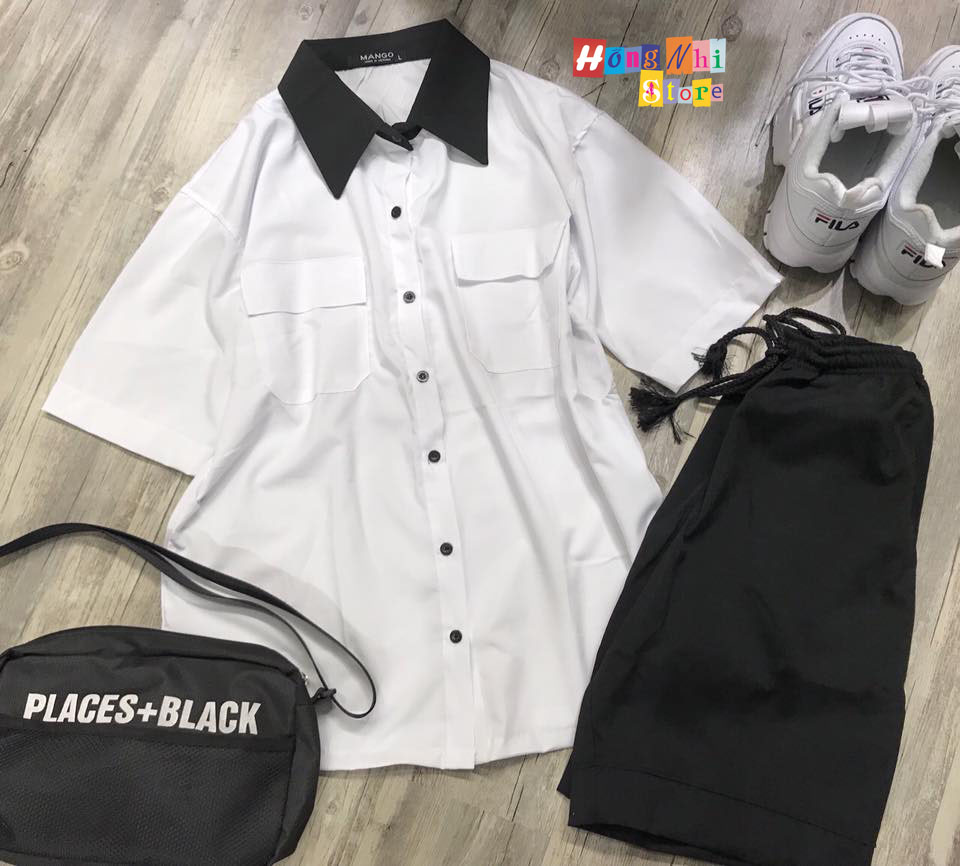Sơ Mi Tay Lỡ Dáng Rộng Unisex Phối Cổ 2 Túi Màu Trắng - Sơ Mi Mix Tay Lỡ - MM
