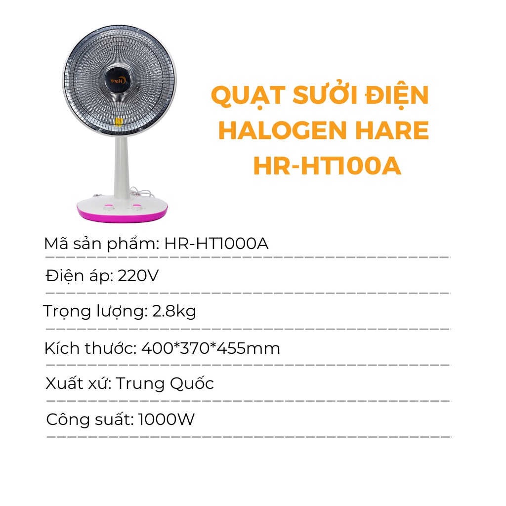 Quạt sưởi điện Halogen HR-HT1000A -hàng chính hãng thương hiệu Hare- bảo hành 18 tháng