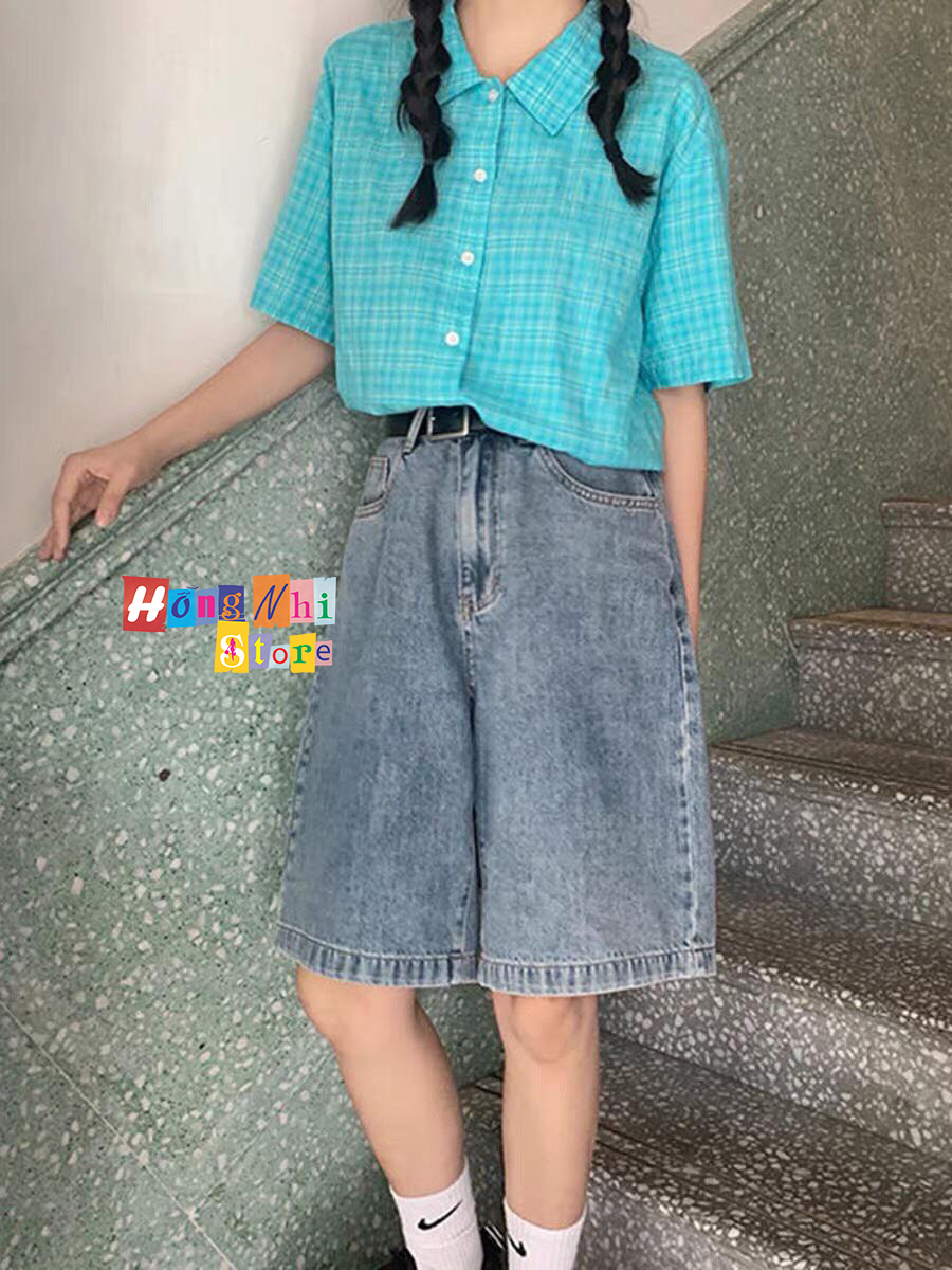 Quần Short Jean Ngố Đùi Trơn Cạp Cao Ống Rộng Ulzzang - MM