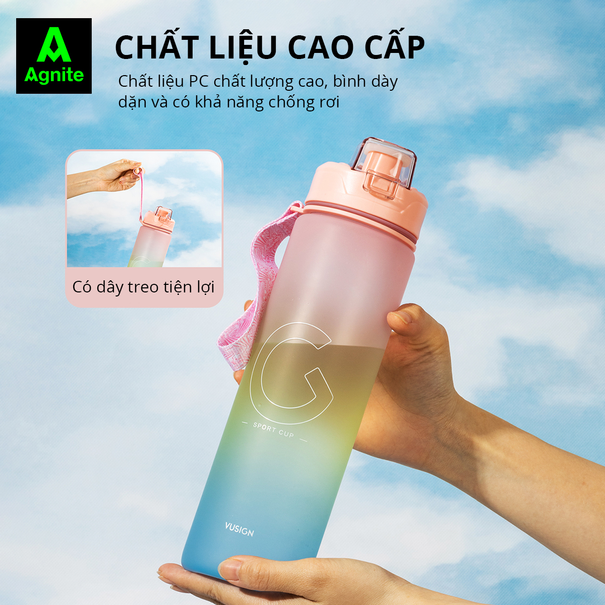 Bình Đựng Nước 1L Bao Bì Dễ Thương Có Vạch Báo Giờ Uống Nước Chia Lượng Nước Agnite - Đầy Đủ Kiểm Định Chất Lượng Phủ Hợp Bình Nước Thể Thao Tập Gym Yoga - VS822 VS823