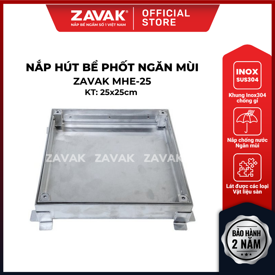 Nắp bể phốt Zavak MHE-25 KT25x25cm, chống nước, chống mùi, lát đá dày 2 cm chịu tải 1 tấn, inox 304