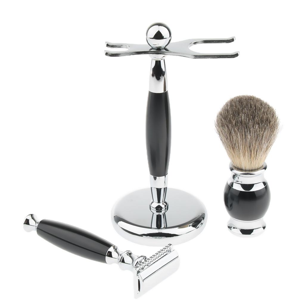 3 In 1 Black Men Beard Shaving Kit Set - Safety  + Brush + Holder Stand, Professional Grooming Tool