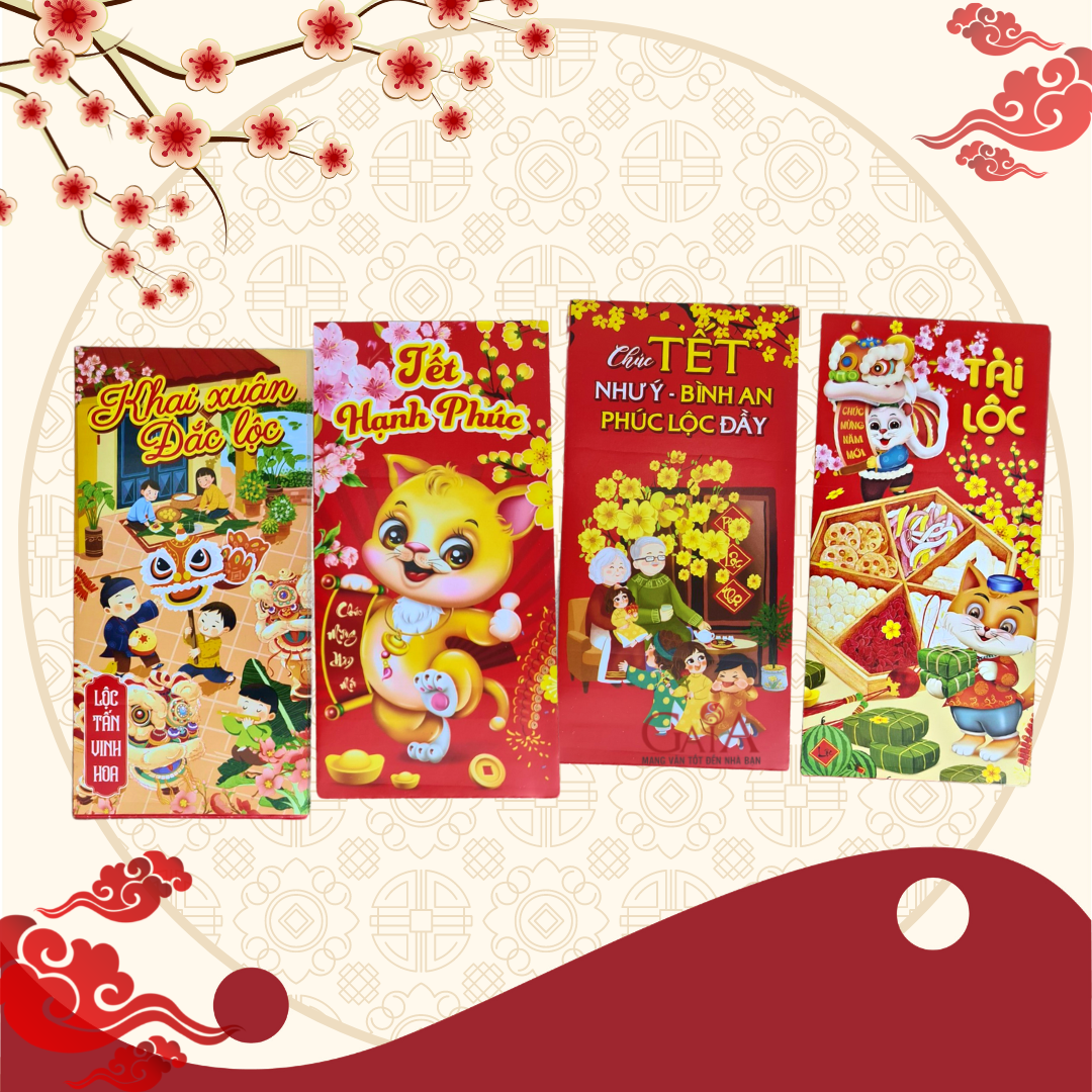 Combo 10 bao lì xì Tết đỏ họa tiết năm mới may mắn lộc phát nhiều mẫu