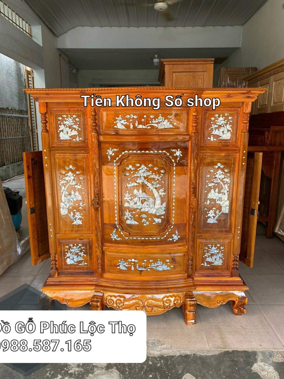Tủ thờ bụng phệ gỗ tràm,tủ thờ gia tiên khảm trai ngang 1m07