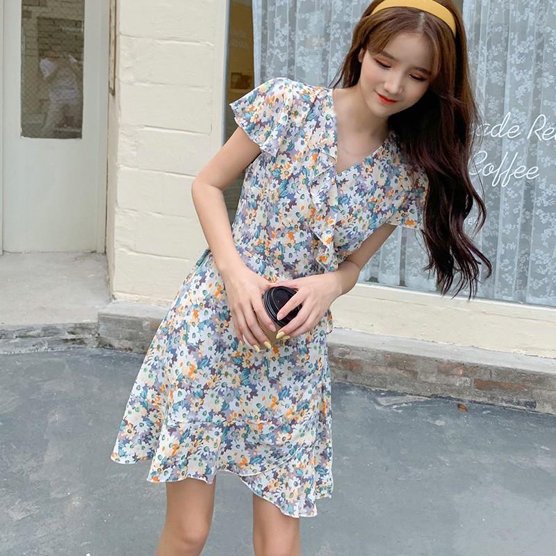 Đầm Nữ Ngắn Tay Cổ Chữ V In Hoa Thời Trang
