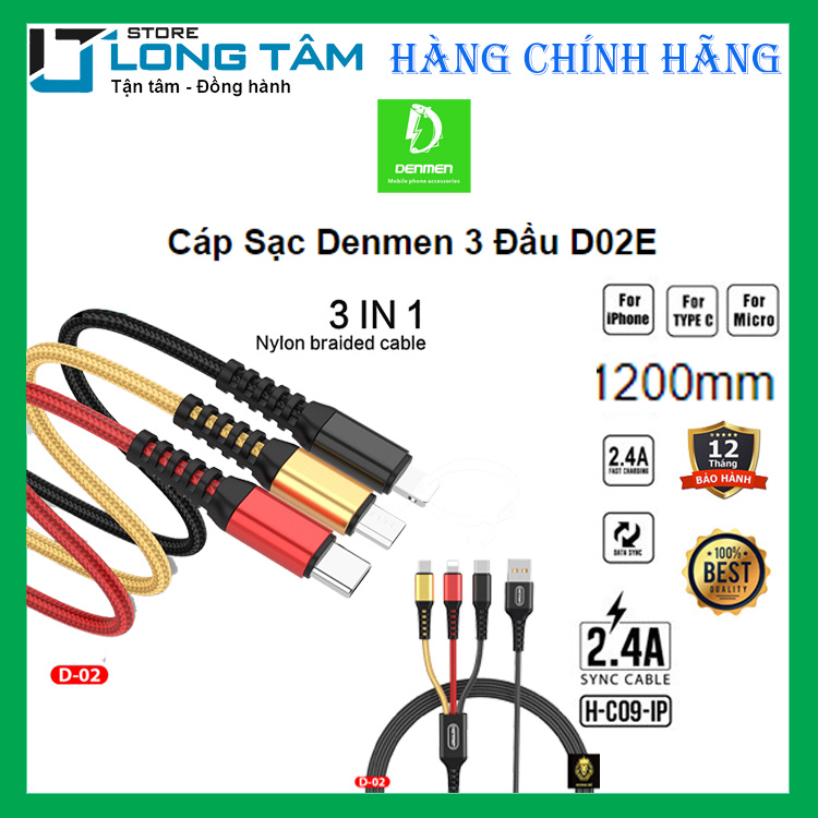 Cáp Sạc Denmen 3 Đầu D02E- Hàng chính hãng