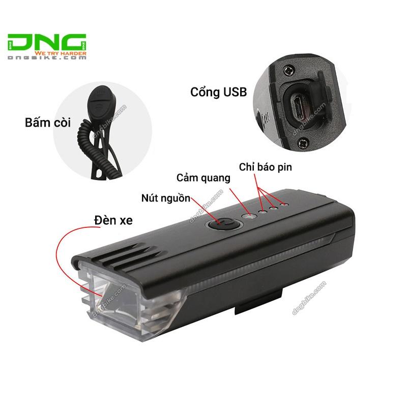 Đèn pha xe đạp pin sạc có còi EOS230, dung lượng pin 1200mAh