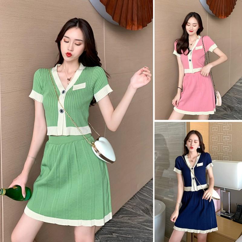 Set Áo Thun Ngắn Tay Cổ Chữ V+Chân Váy Ngắn Lưng Cao Thời Trang Nữ