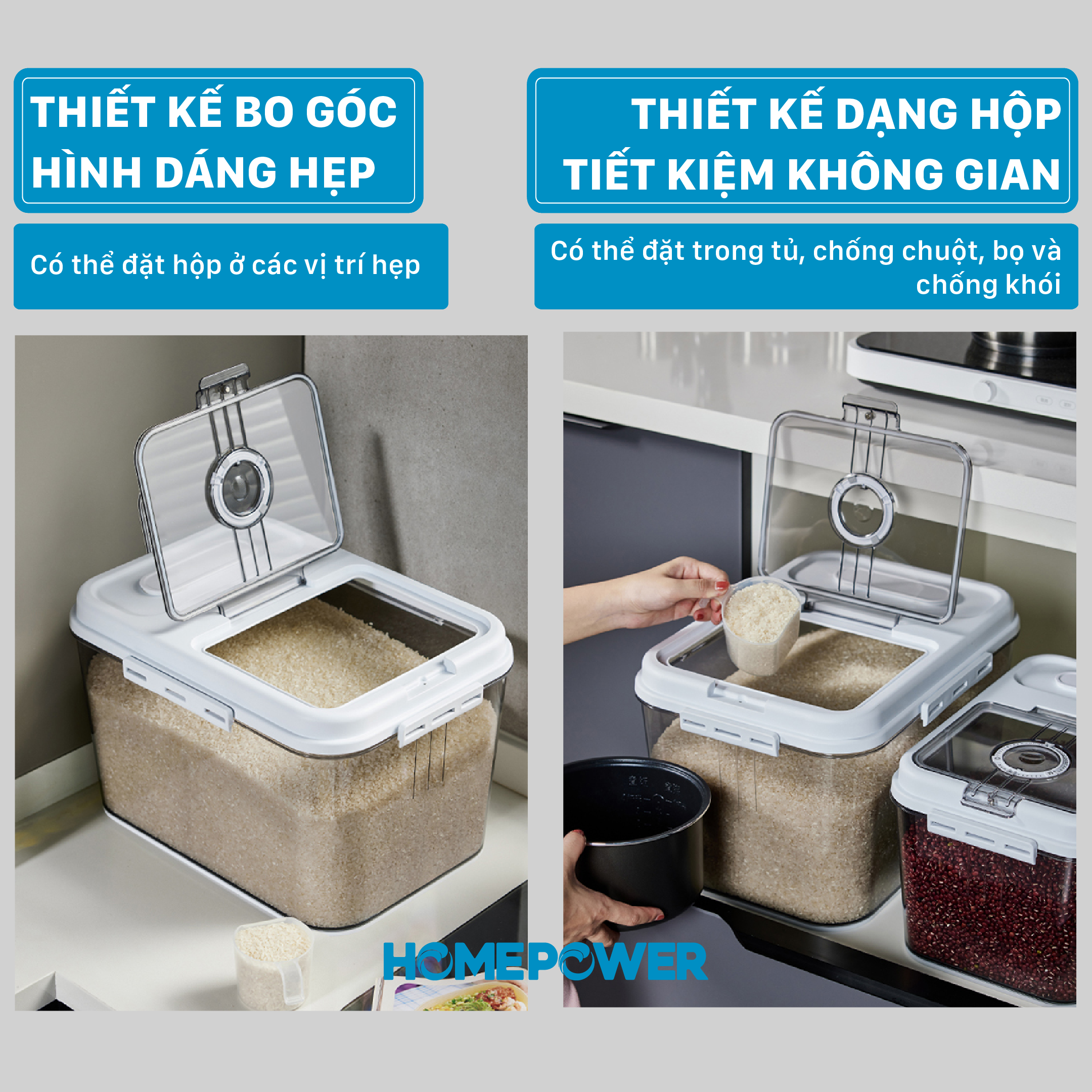 Thùng đựng gạo thông minh HOMEPOWER - Nắp lật từ tính, Vòng ghi chú thời gian, Chống côn trùng, ẩm mốc