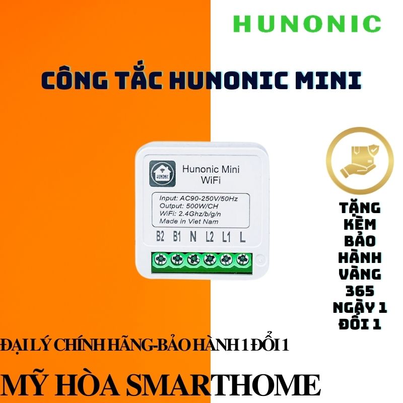 Công tắc Wifi Hunonic Mini 2 kênh 500W/kênh - LẮP SAU CÔNG TẮC ÂM TƯỜNG - Điều khiển từ xa bằng điện thoại