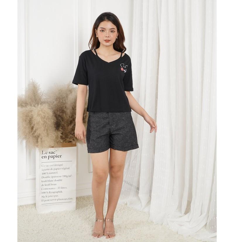 Áo thun in hình Mickey tay ngắn cổ tim dây- Sooyoung