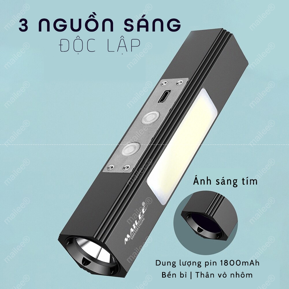 Đèn pin 3 in 1 Led T6 kết hợp đèn UV tím UV365nm và COB D66 1800mAh có nam châm hút treo Mai Lee