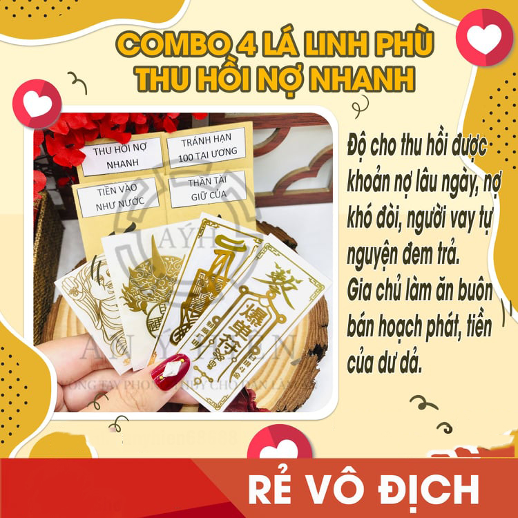 Combo 4 lá linh phù thu hồi nợ nhanh THU HỒI NỢ NHANH+TRÁNH HẠN 100 TAI ƯƠNG+TIỀN VÔ NHƯ NƯỚC+THẦN TÀI GIỮ CỦA. Để bóp ví, dùng làm miếng dán điện thoại, máy tính, nhà cửa, xe