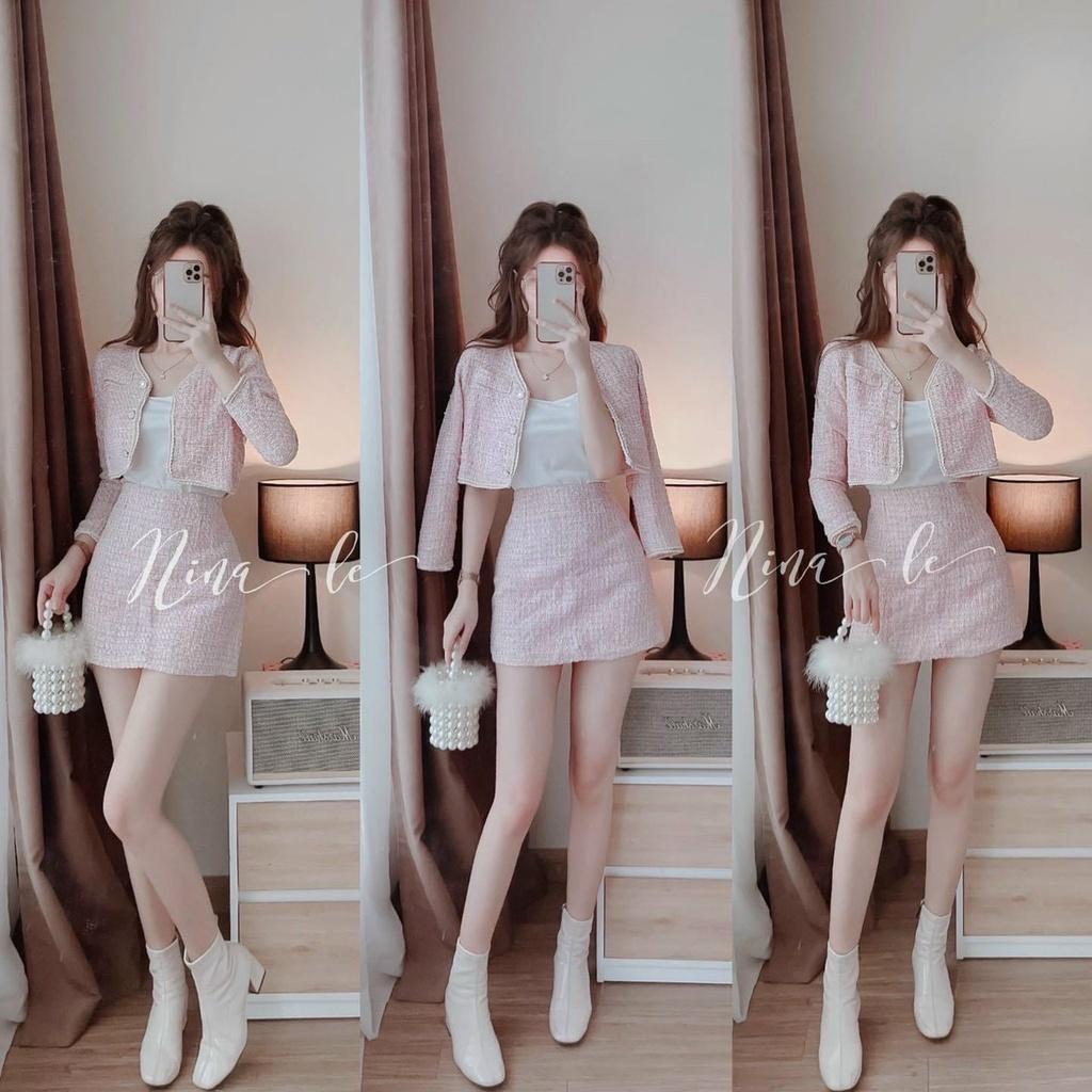 set dạ 3 món hồng áo 2 dây trong kèm khoác crop phối chân váy ngắn mẫu nina lê