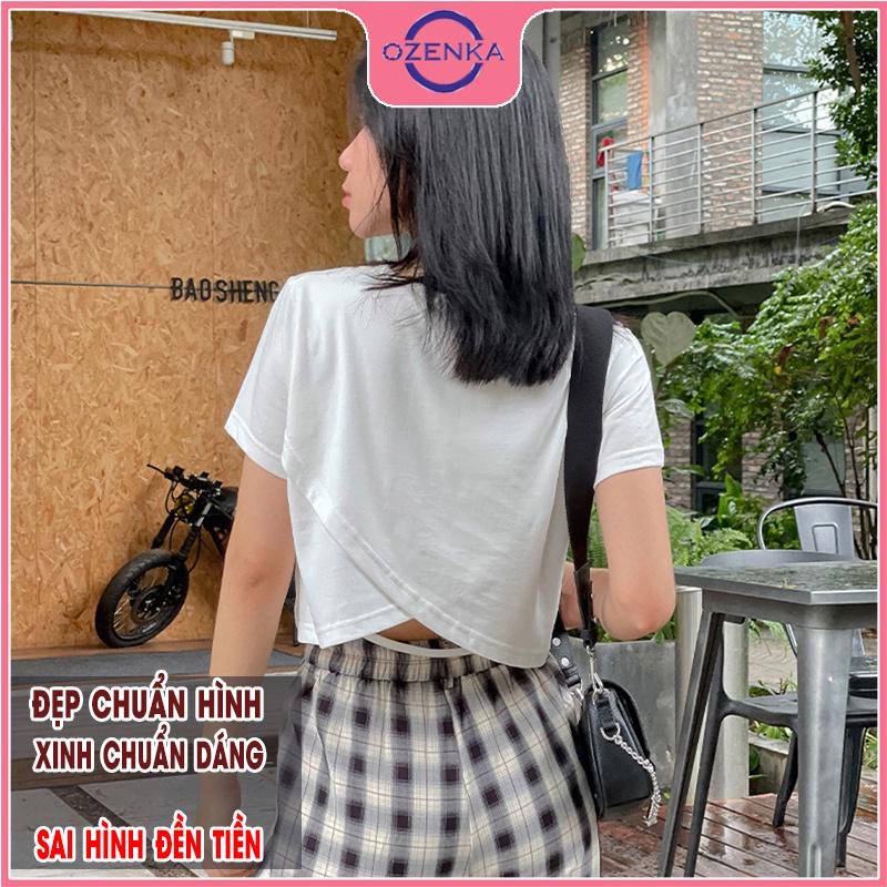 Áo croptop cộc tay lưng đắp chéo, áo crt hở lưng 2 lớp chất thun gân 100% cotton đen trắng size dưới 50kg