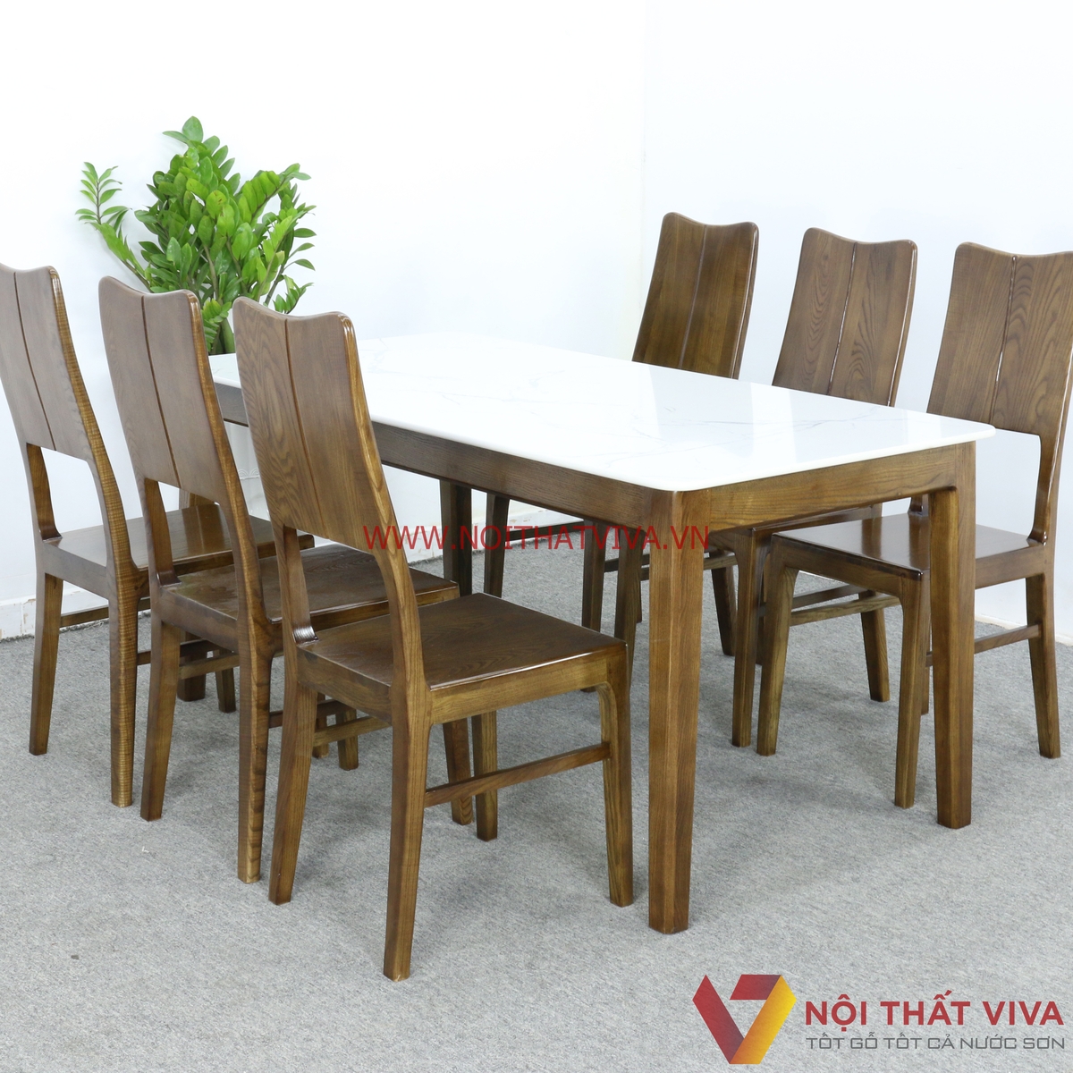 Bộ Bàn Ăn 6 Ghế Gỗ Sồi Nga Màu Óc Chó Mặt Đá Trắng Tràn Gọn Đẹp Giá Rẻ