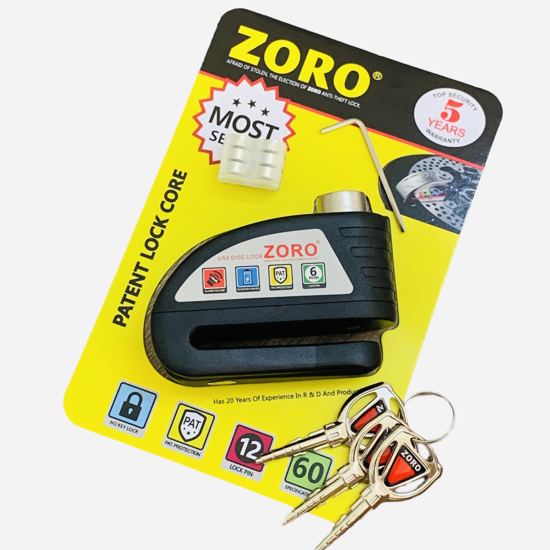 Ổ khóa đĩa xe máy báo động chống trộm ZORO chìa tròn màu đen - chất liệu thép chống gỉ chống nước - hàng chính hãng