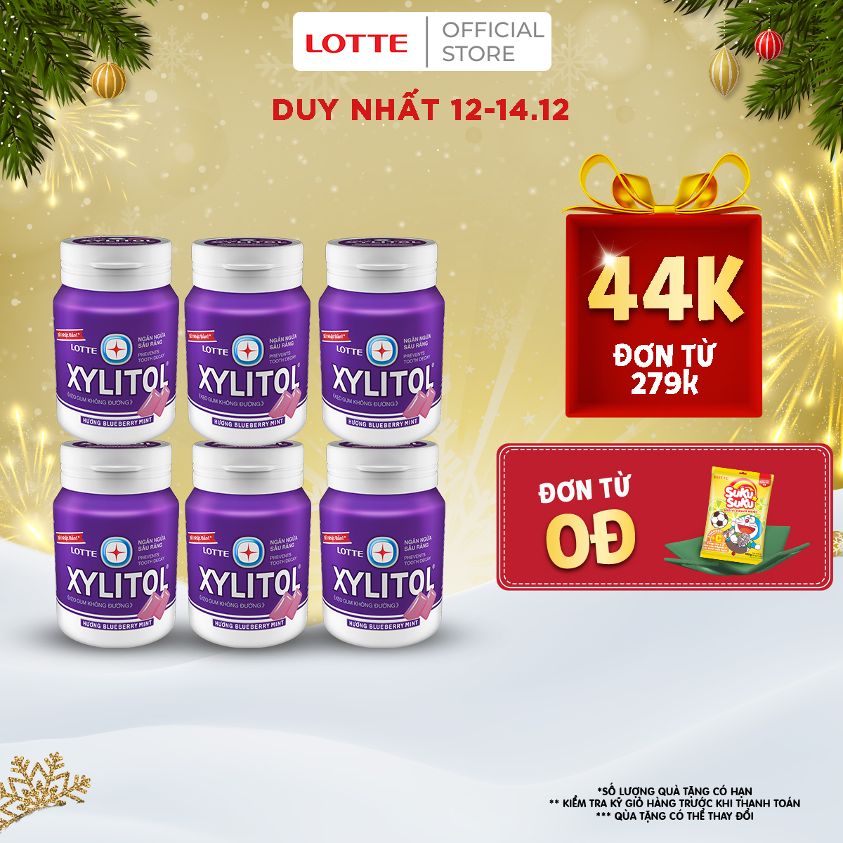 Combo 6 hũ Kẹo Gum không đường Lotte Xylitol - Hương Blueberry Mint 130,5 g