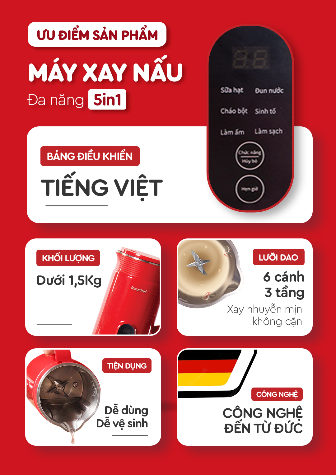 Máy Xay Nấu Đa Năng 5 In 1 Lazychef - Máy Làm Sữa Hạt, Máy Đa Năng Làm Sữa Đậu Nành,Nấu Cháo Chậm 800ml - Hàng Chính Hãng