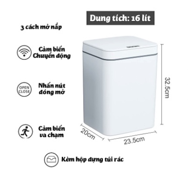 Thùng Rác Khử trùng tia UV Cảm Ứng Tự Động 16L Versatile Design