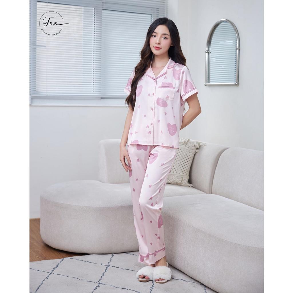 Bộ mặc nhà pyjama lụa cao cấp Tea Store tay dài quần dài họa tiết Tim sang trọng