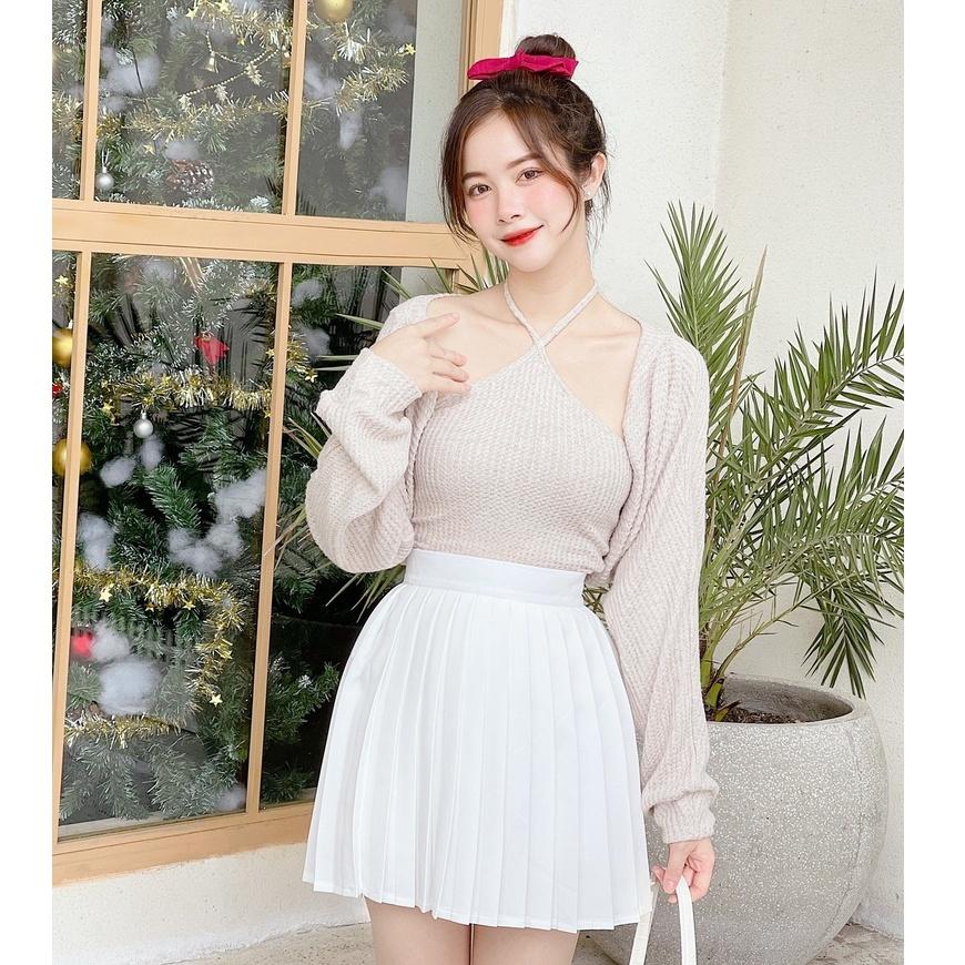 Set áo croptop cổ yếm kèm áo khoác cardigan tay bồng phong cách Hàn Quốc